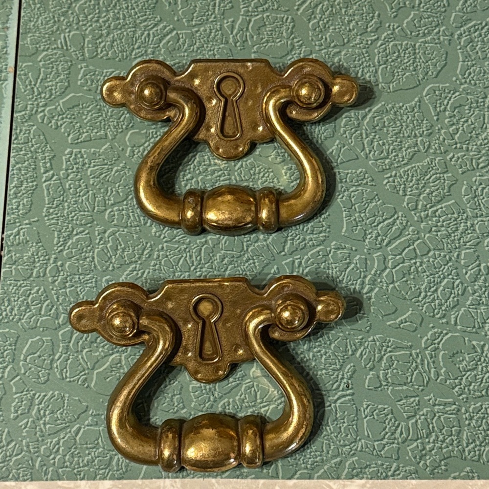 Antique solid brass furniture hardware. Drawer pulls.